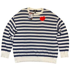 Feeling Festive Blue White Striped Red Heart Crew Neck Sweater NWT Size XL